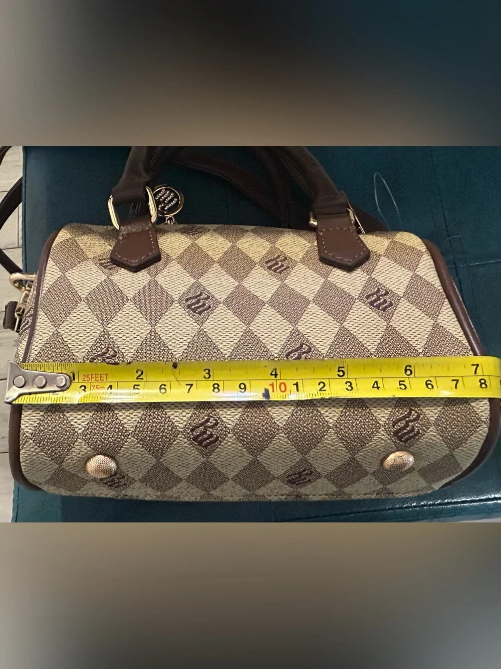 Rocawear Brown & Cream Checker Mini Satchel with Chain Charm